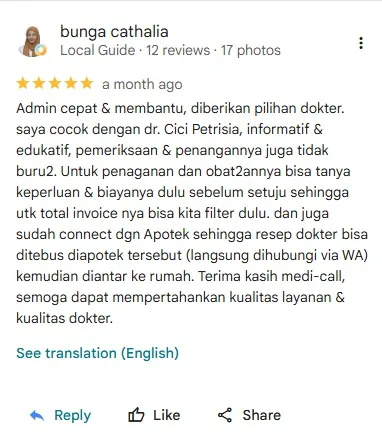 Ulasan 5 bintang dari bunga cathalia di Google Review Medi-Call