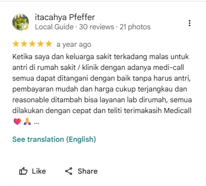 Ulasan 5 bintang dari itacahya Pfeffer di Google Review Medi-Call